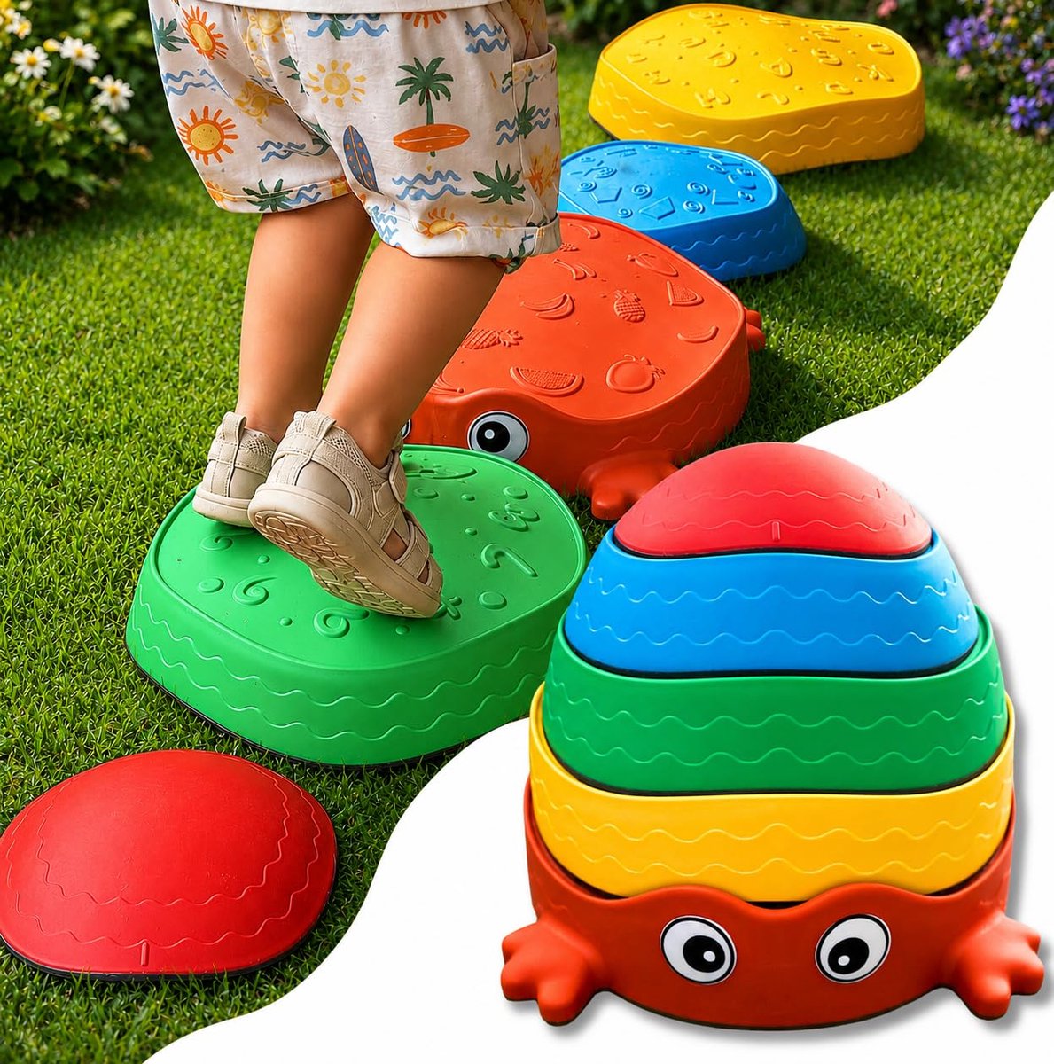 Balansstenen voor Kinderen - Set van 5 Antislip Stapstenen vanaf 3 Jaar - Evenwichtsspeelgoed voor Peuters en Kleuters - Sensorisch Speelmateriaal voor Motoriek, Coördinatie en Behendigheid - Geschikt voor Tuin, Buiten Spelen en Binnengebruik