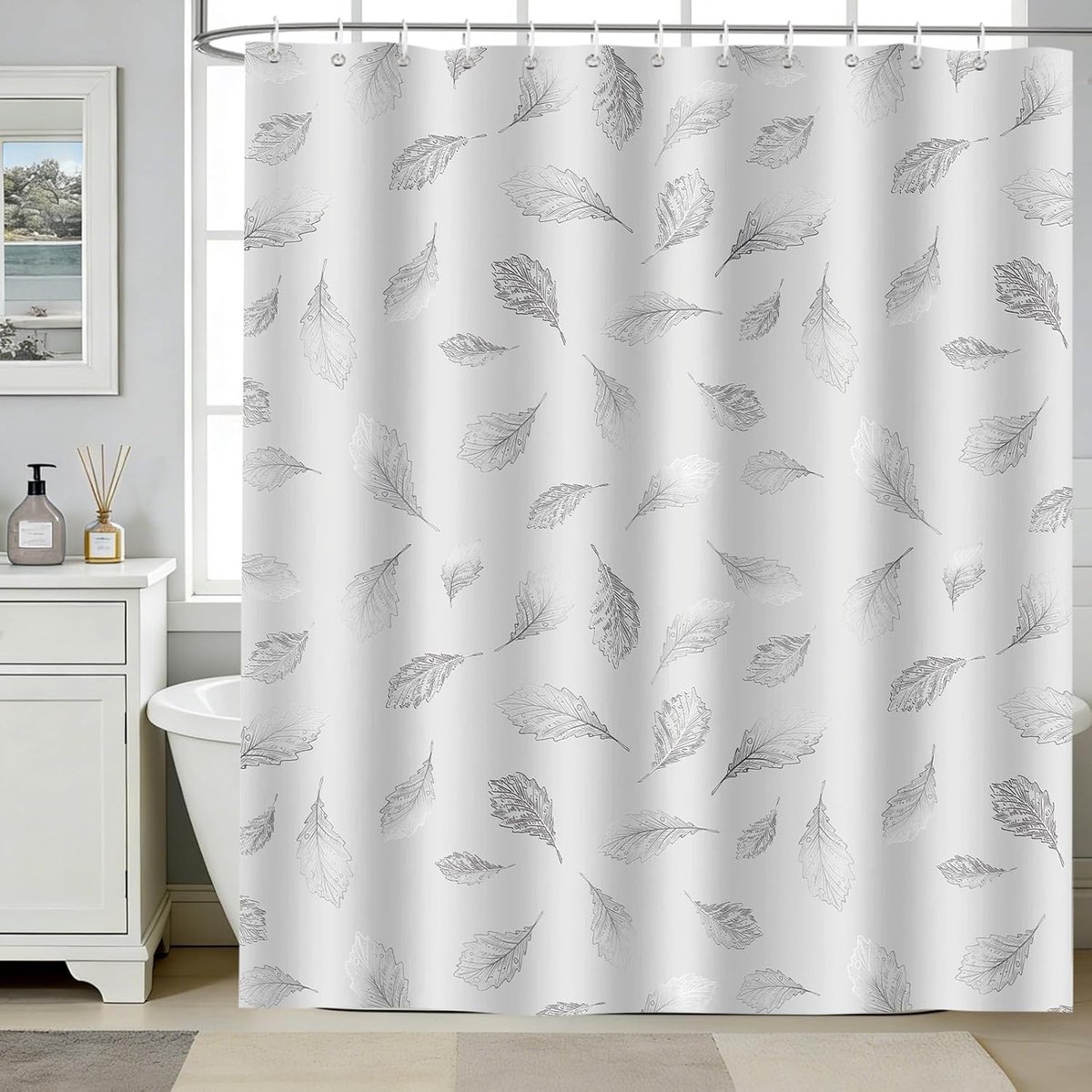 Douchegordijn 180 x 200 cm - Grijs wit bladeren - Waterdicht polyester - Eenvoudige installatie - ShopVlot
