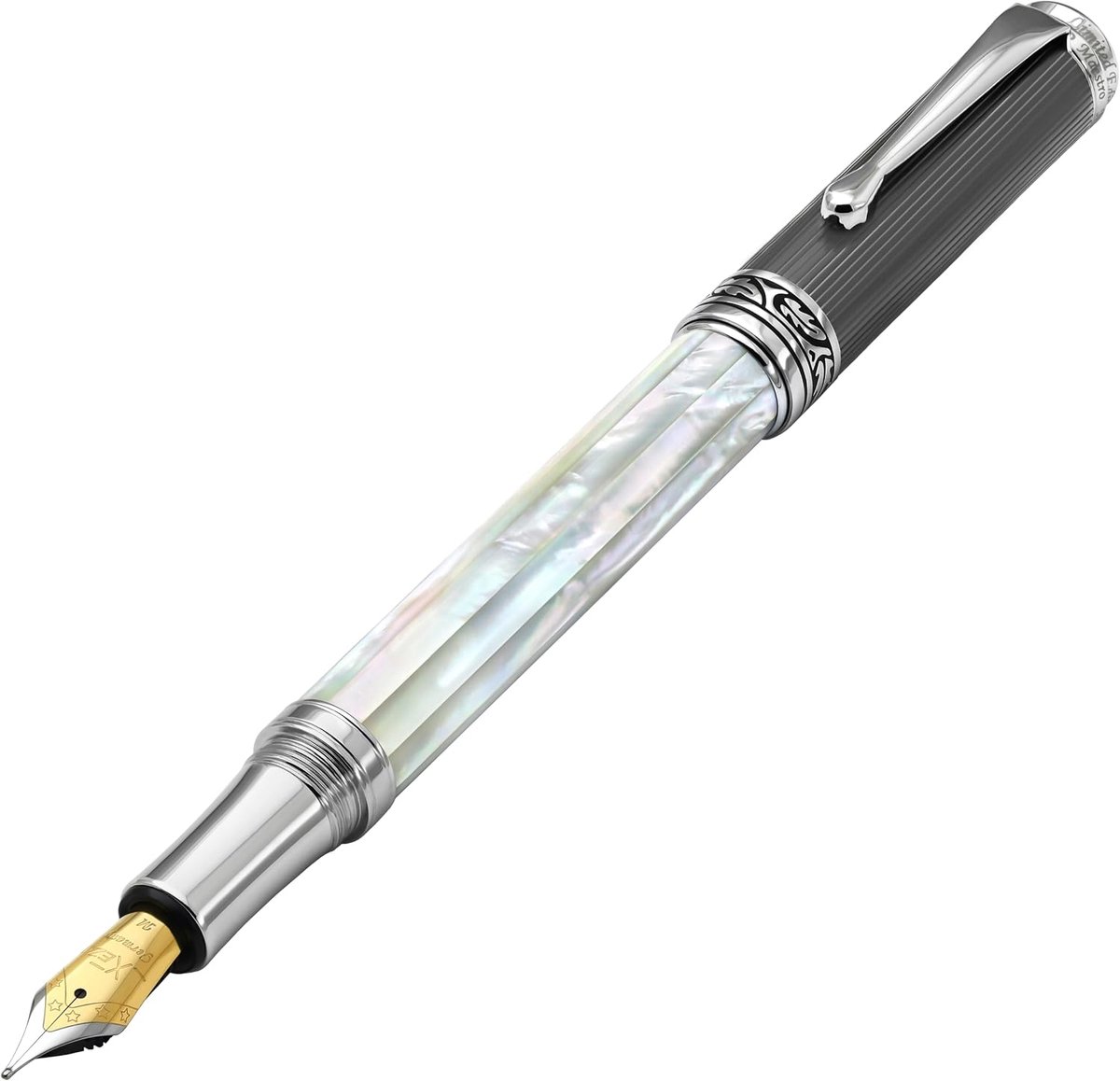 Vulpen medium nib - iriserend oceanisch wit parelmoer - handgemaakt - luxe schrijfervaring - ShopVlot