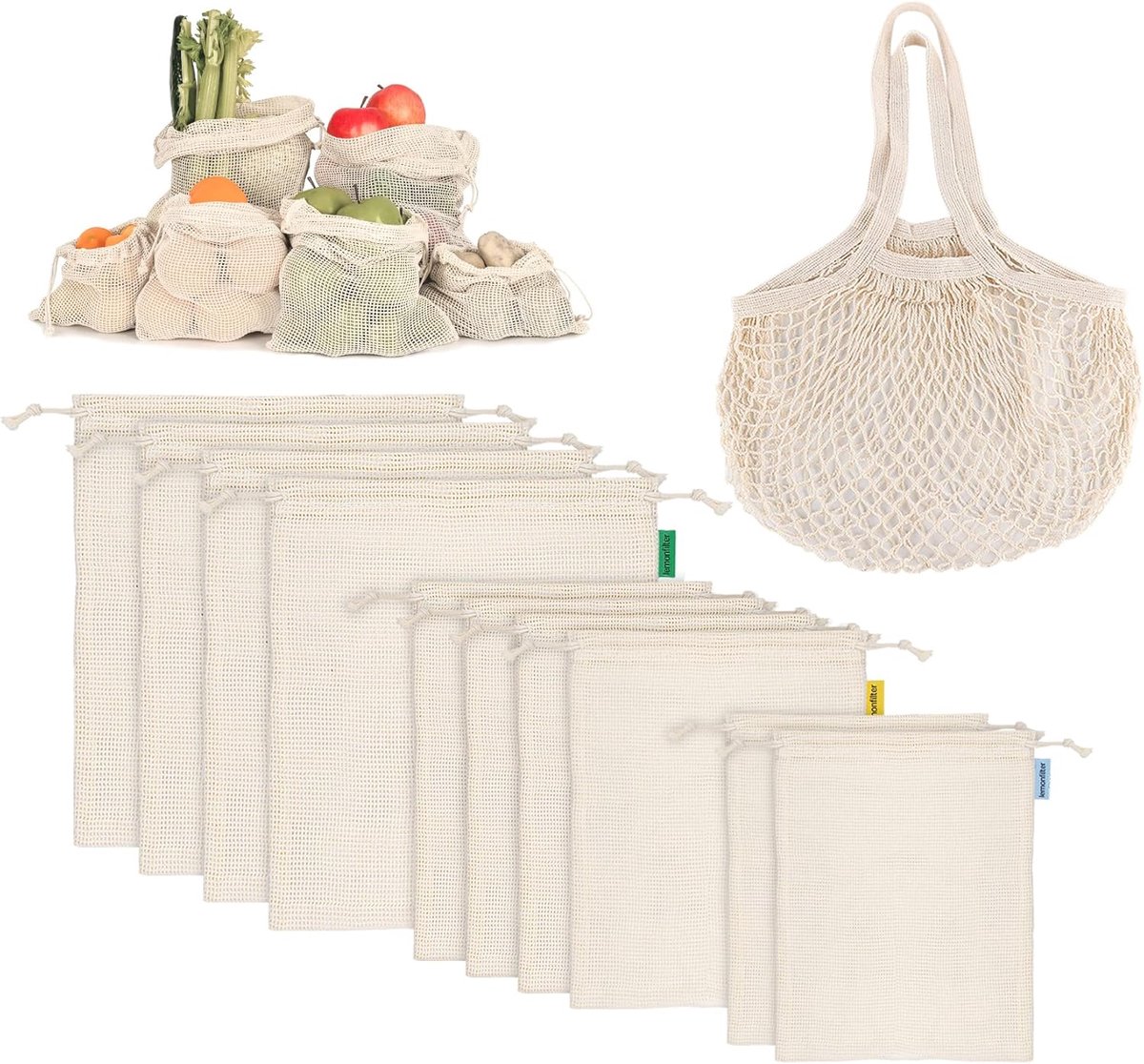 Herbruikbare fruit- en groentetassen set van 11 - katoen - plasticvrij - ideaal voor boodschappen - ShopVlot