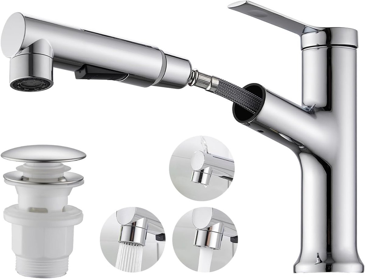 Badkamerkraan met 3 jets - Uittrekbare spoelkop - Chrome - Makkelijk schoonmaken - ShopVlot