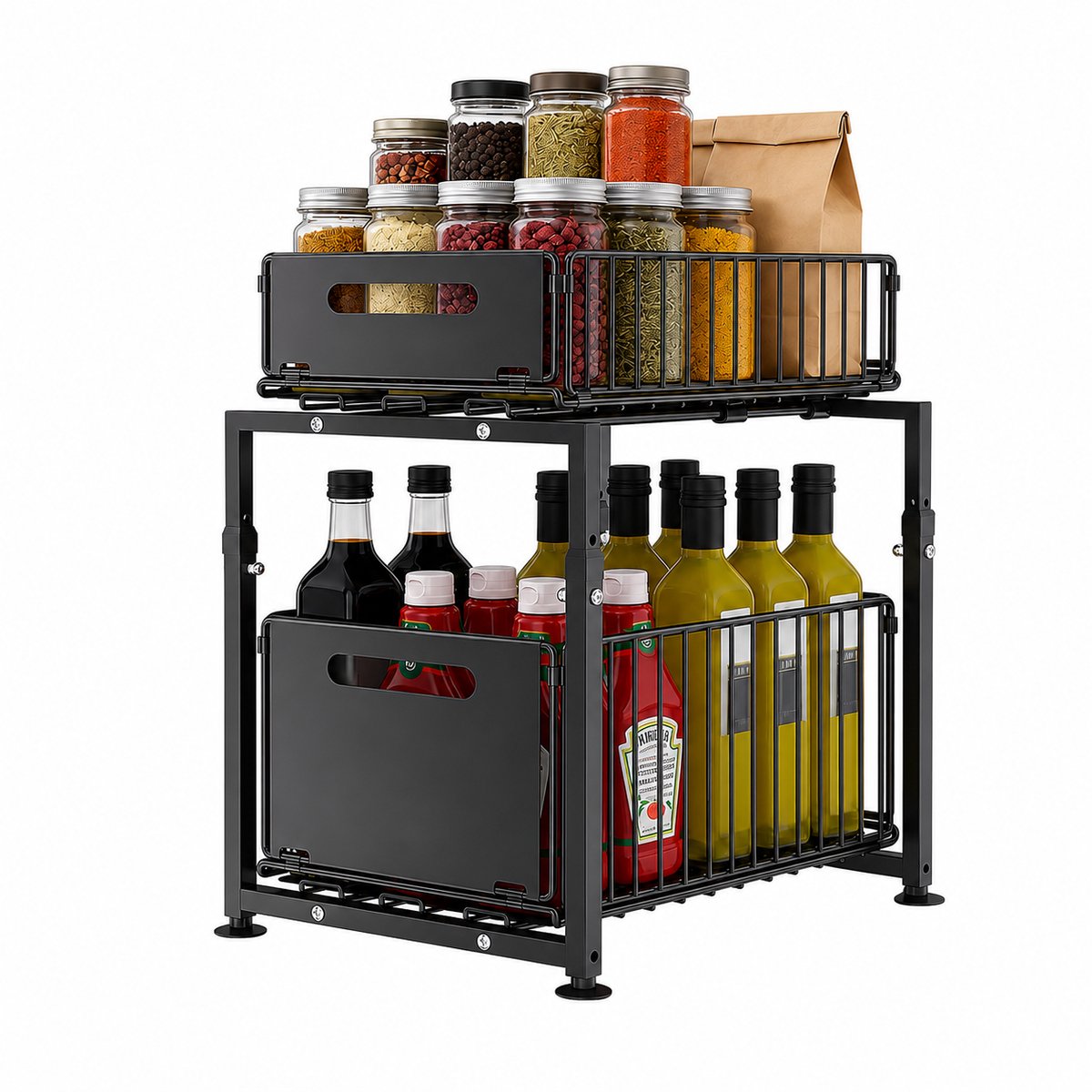 JOYNEXTBUY - Uittrekbare Onderkast Organizer 2-Laags – Hoogteverstelbare Metalen Kastmand – Uitschuifbare Keukenkast Organizer – Opbergmand voor Keukenkast