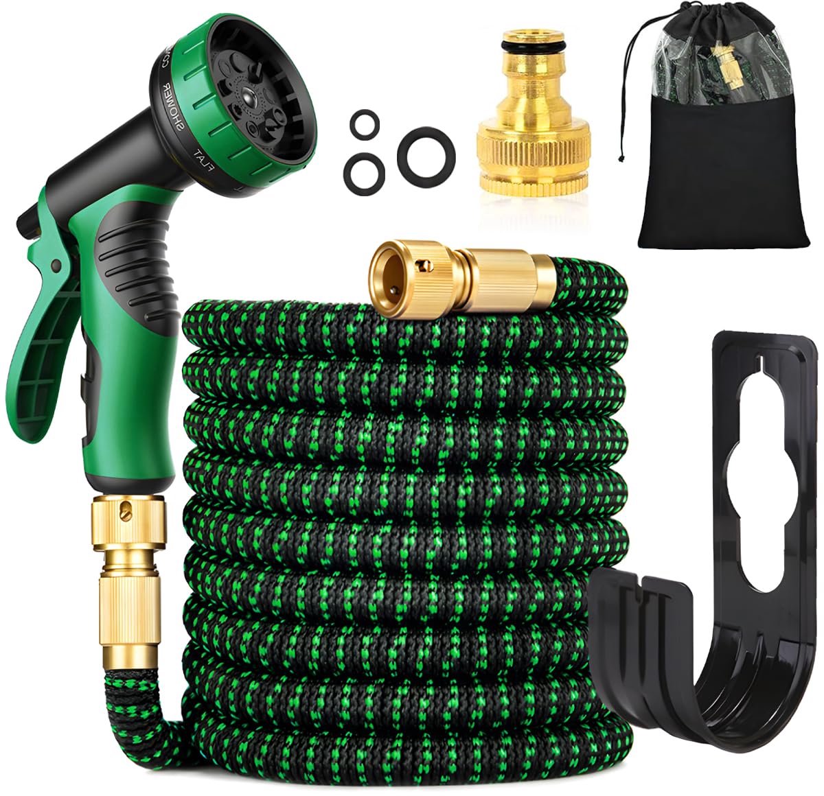 Flexibele Tuinslang 30 Meter - Uitzetbare Waterslang met 10 Sproeistanden - Inclusief 3 Sproeikoppen en 1/2 & 3/4 Inch Messing Aansluitingen - Knikvrije Tuinslang voor Tuin, Terras, Oprit en Auto Wassen - Groen