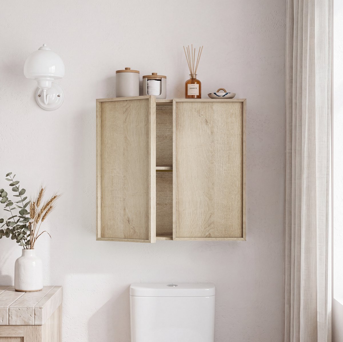 Wandkast Voor Badkamer - Grifloos Dubbedeurs Design Met Veel Opbergruimte - Voor Badkamer, Toilet En Hal - Eiken Look - 60x21,6x58 Cm