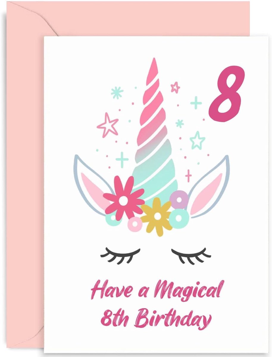 Verjaardagskaart Eenhoorn Magie - 8e verjaardag - Levensgrote bloemen en sprankelende eenhoorn - Perfect voor meisjes - ShopVlot