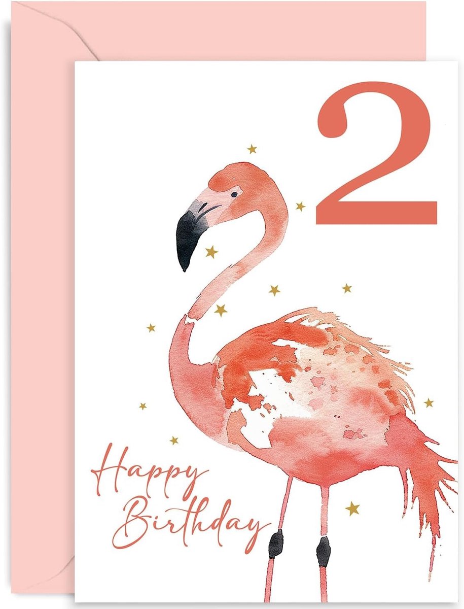 Verjaardagskaart voor 2e verjaardag - Schattige flamingo - Waterverf ontwerp - Perfect voor jongen of meisje - ShopVlot