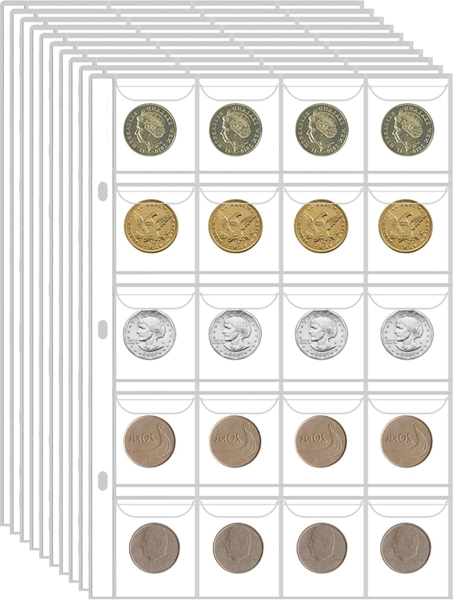 Muntencollectie pagina's 10 vellen - 20 vakken - 3 gaten - voor het veilig opbergen van munten - ShopVlot