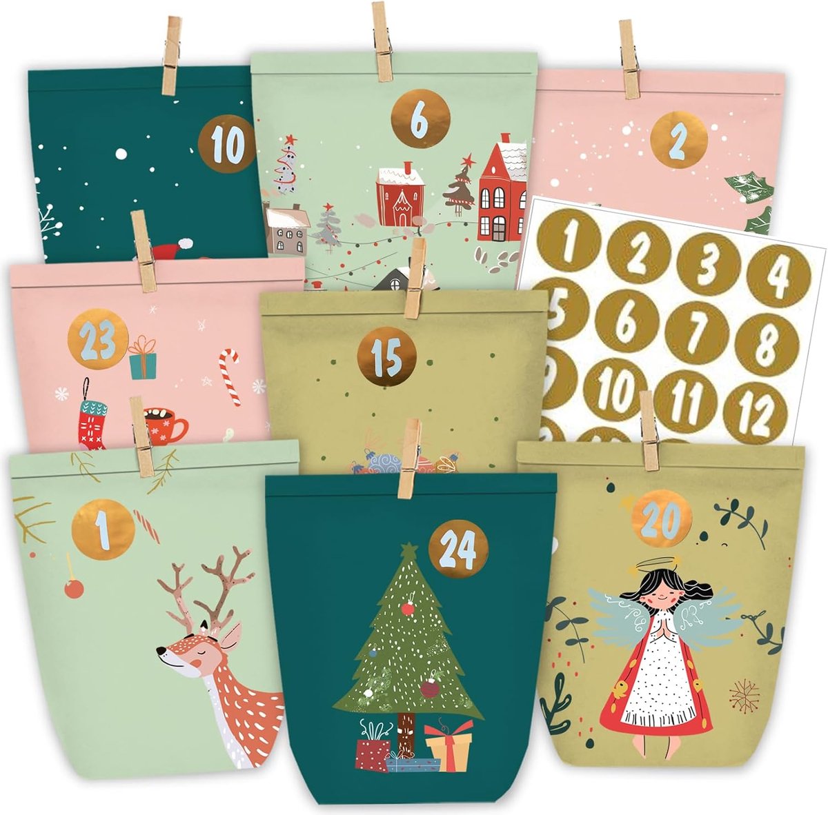 Adventskalender set - 24 kleurrijke papieren zakken - DIY met houten clips - Maak je eigen kerstkalender - ShopVlot