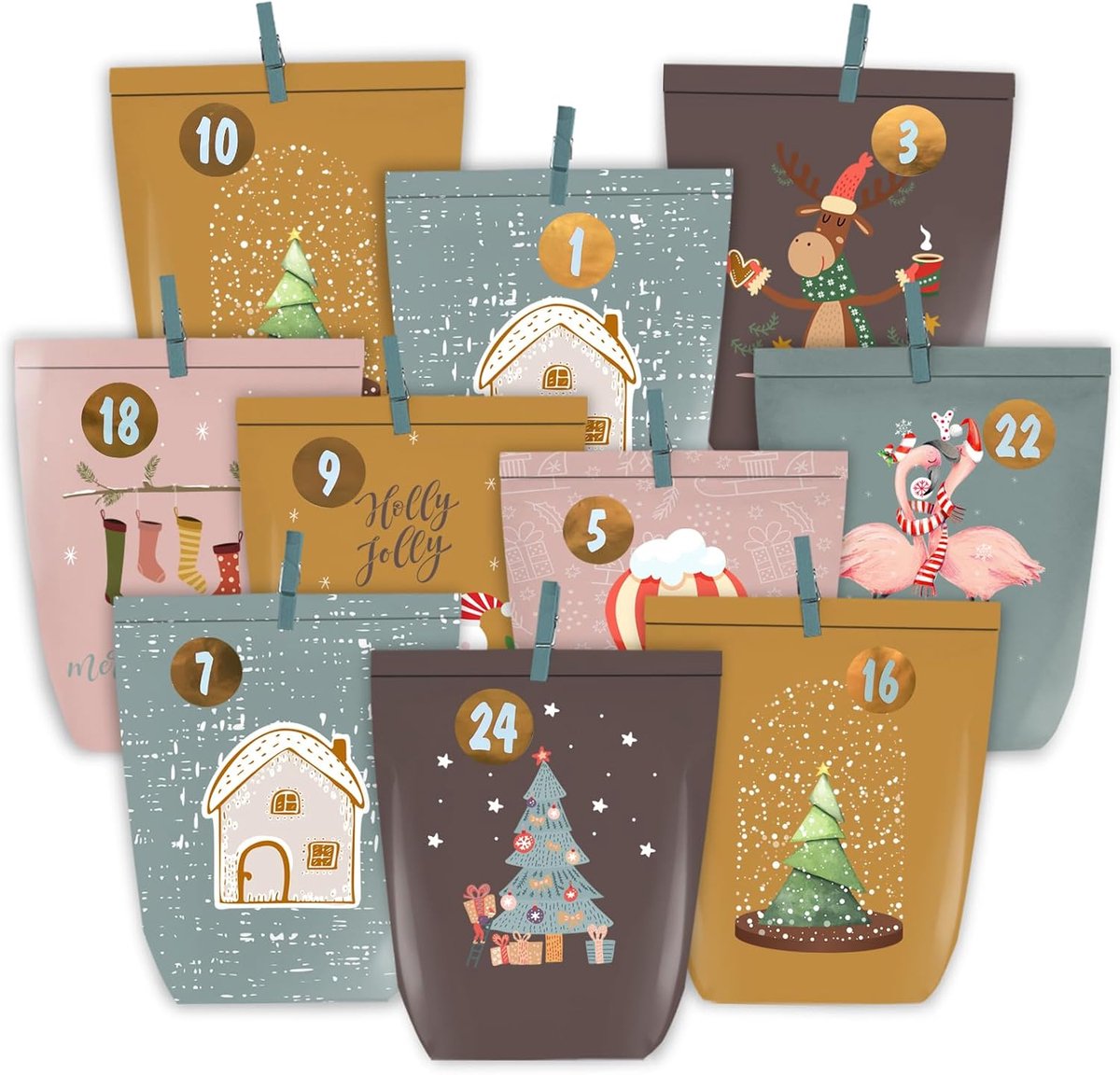 Adventskalender met 24 kerstzakjes - kraftpapier - met nummerstickers - zelf in te vullen - ShopVlot
