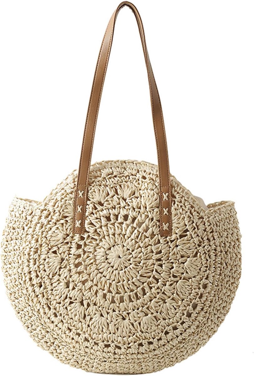 Ronde Strohandtas 44cm - Beige - Grote capaciteit - Ideaal voor stranduitjes - ShopVlot