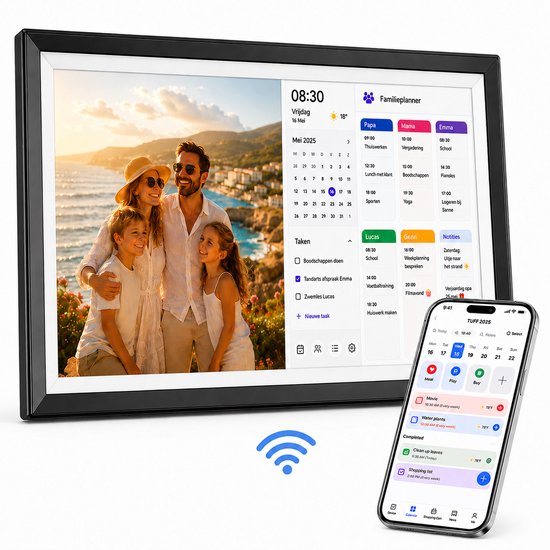 Digitale fotolijst met familiefoto en agenda, naast een smartphone waarop een app wordt weergegeven.