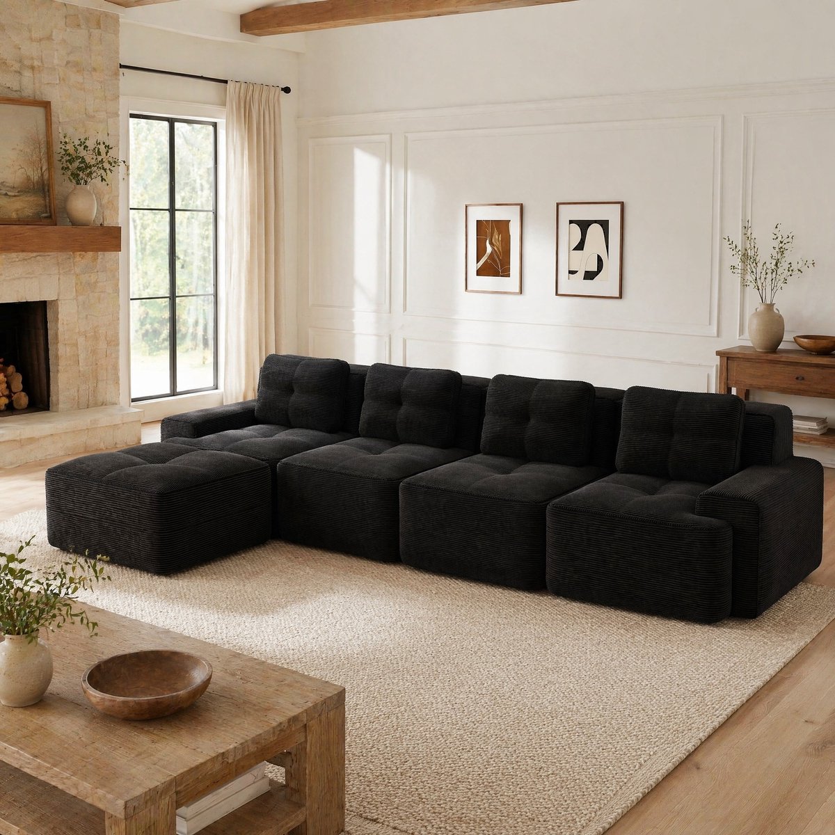 MEUNIQ Hoekbank 4-zits 382 x 177 x 69 cm modulair, met chaise longue links, corduroy bekleding, lage zithoogte, zwart voor de woonkamer