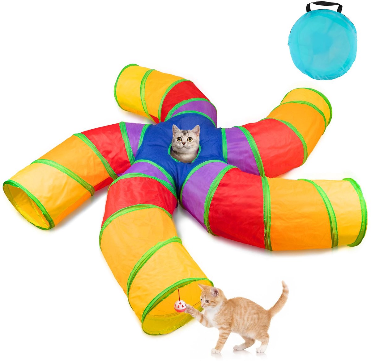 5-Weg Kattentunnel voor Binnenkatten - Grote Opvouwbare Speeltunnel met Speelbal en Interactieve Kijkgaten - S-Vormige Speelbuis voor Katten en Kittens - Duurzaam Kattenspeelgoed voor Spelen, Verstoppen en Dagelijkse Beweging