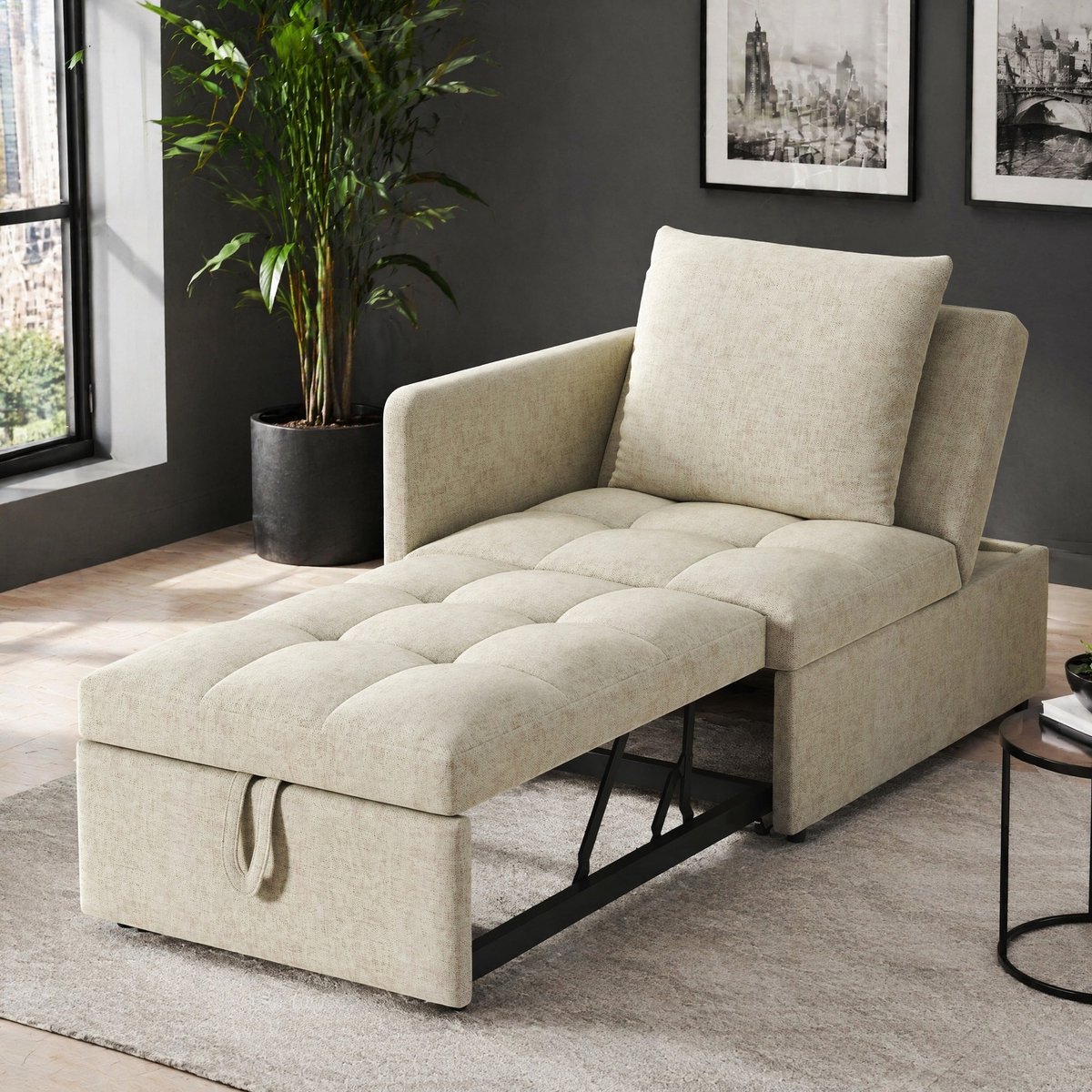 MEUNIQ Slaapbank 3-in-1 met 5-voudig verstelbare rugleuning, linnen stof, 177 x 68 x 65 cm, beige, voor woonkamer, logeerkamer of thuiskantoor