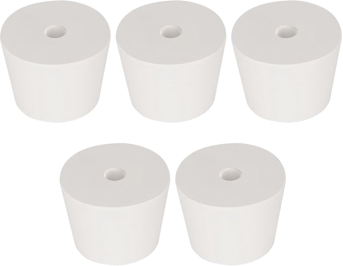 Set van 5 rubberen stoppen #8 met enkel gat, conische witte doppen met gat van 6,5 mm, ideaal voor laboratoriumglas, experimenten en veilig sluiten