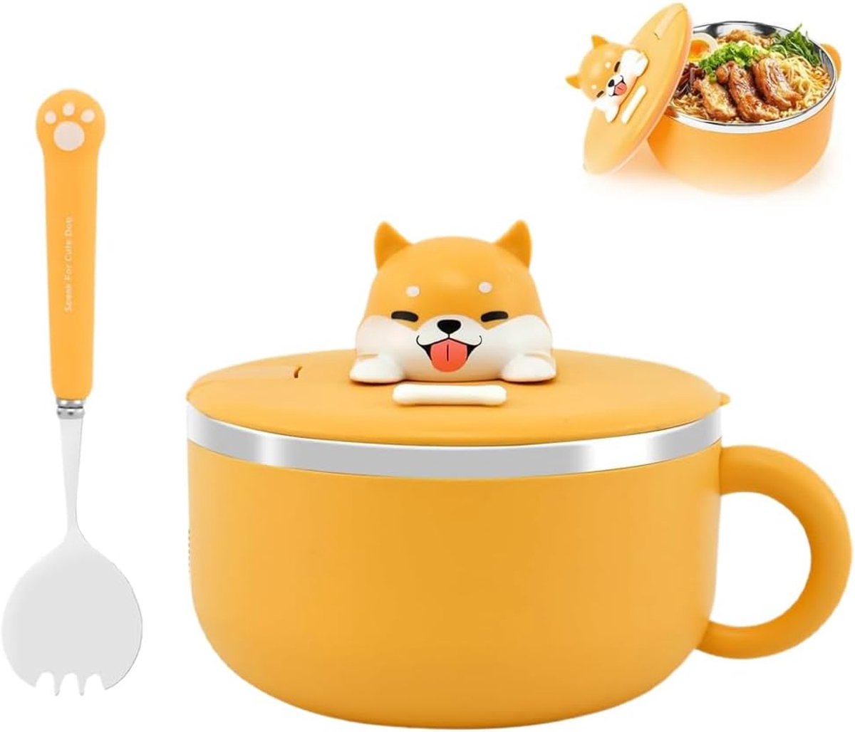 instant, instant ramenkom, instant noedelkom met handgrepen & deksel en vork, raampom, warmte-isolerend, dubbel geïsoleerde verzegelde pastaschaal, voor noedels, bento (geel)
