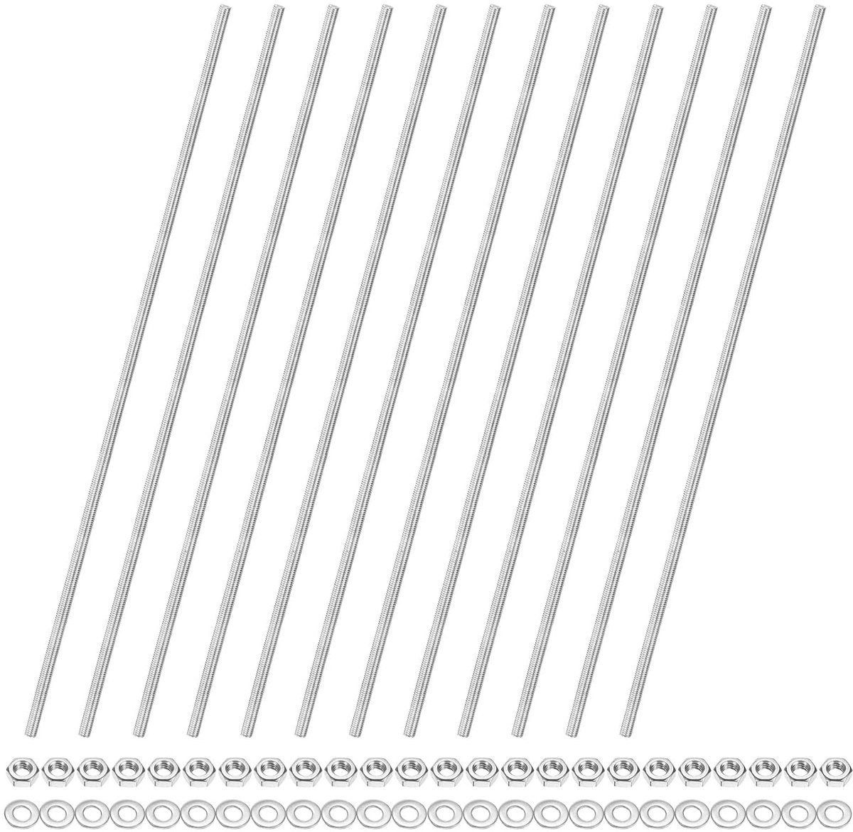 Set van 12 schroefdraadstangen M4 x 250 mm, roestvrij staal 201, met zeskantmoeren en sluitringen voor ankerbouten, klemmen, U-bouten en stangen voor tuin