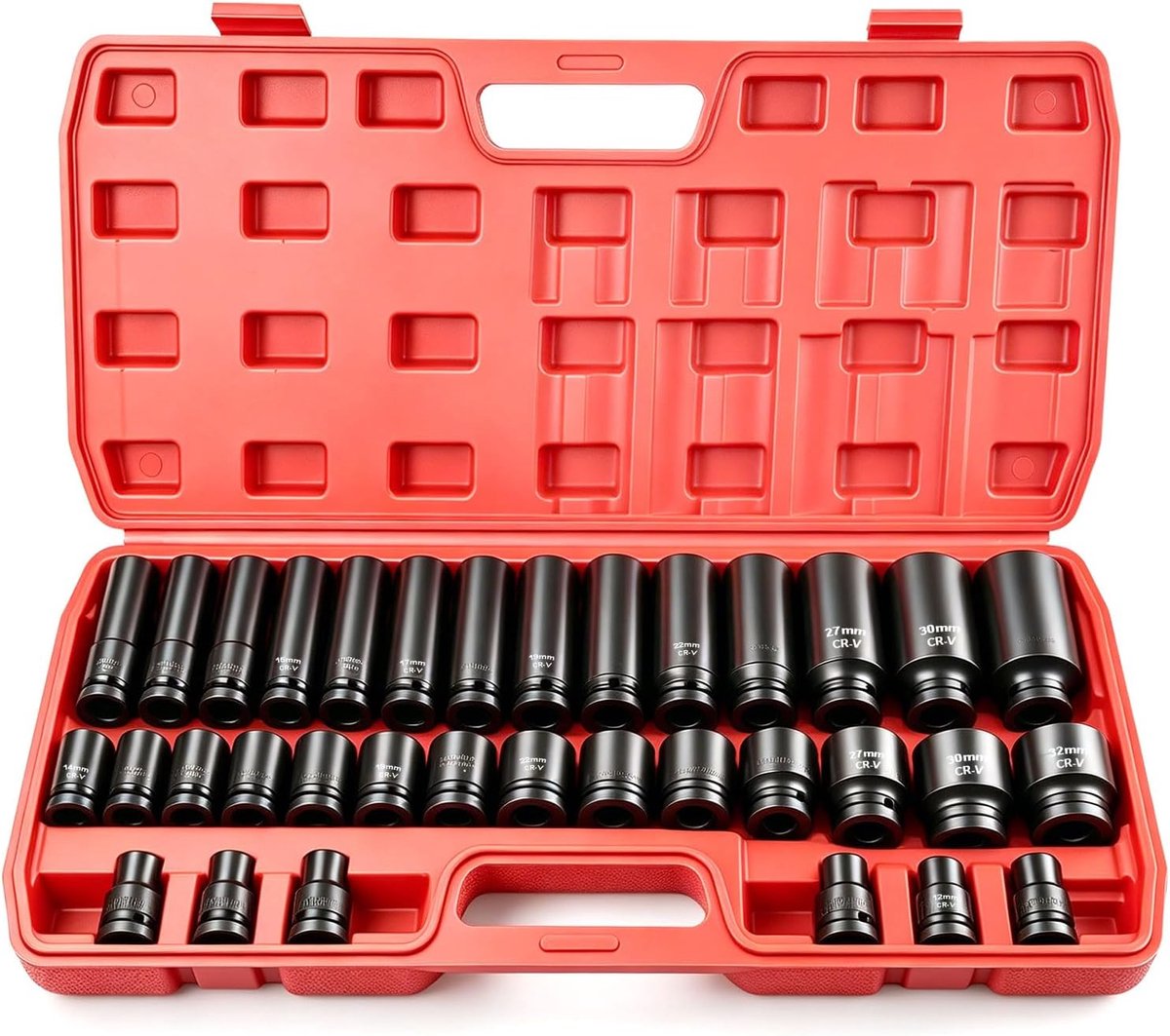 1/2 35-delig, 8-32 mm lange slagmoerdoppen, set 1/2 zeskant CR-MO, 6 punten voor automechanica met hoes, steeksleutel voor slagmoersleutel