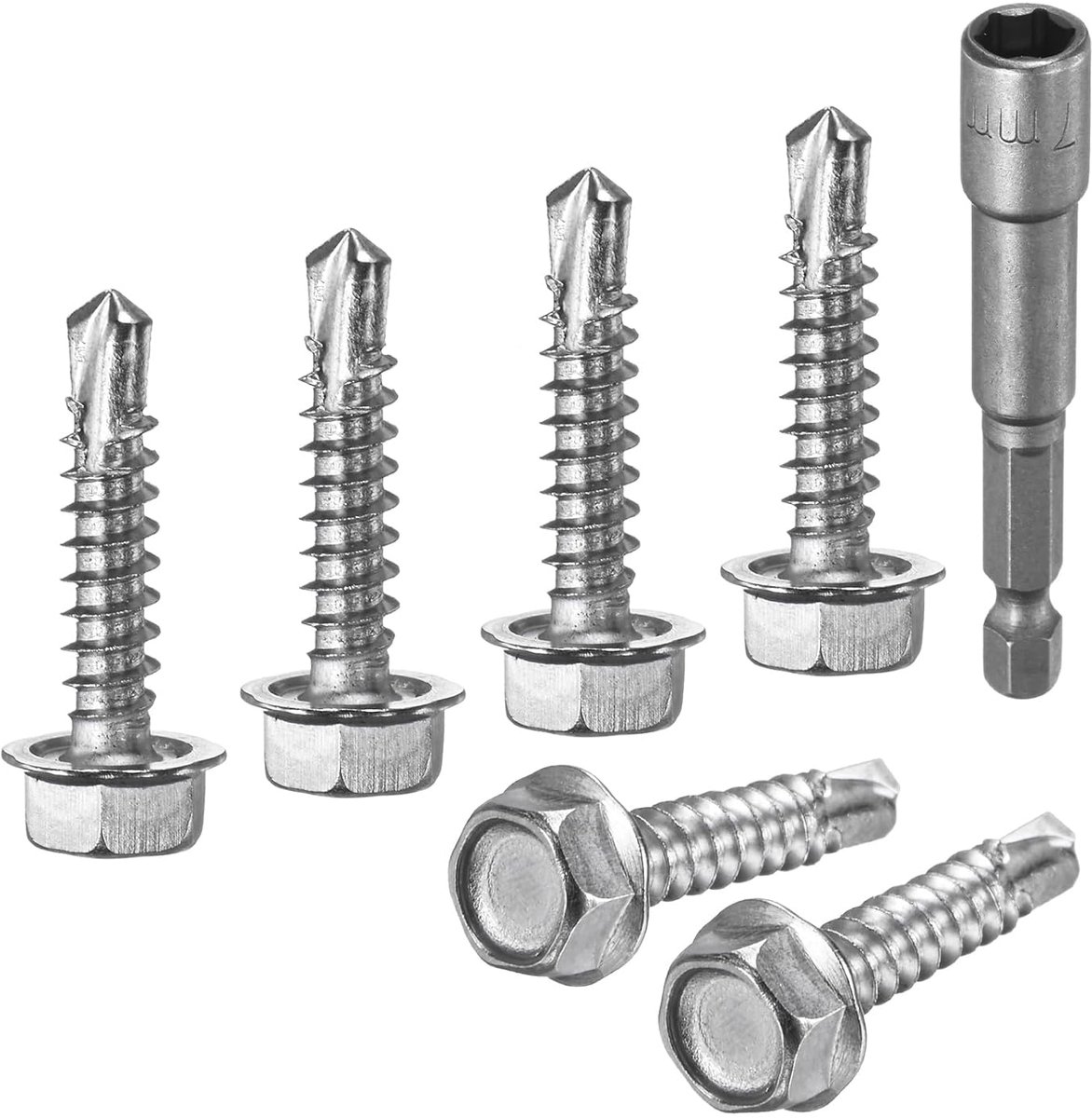METERXITY 100 stuks zelfborende schroeven voor metaal, #8 x 3/4 inch, roestvrij staal 410, zeskantkop, met sluitring, zelfborend, met zeskantpunt