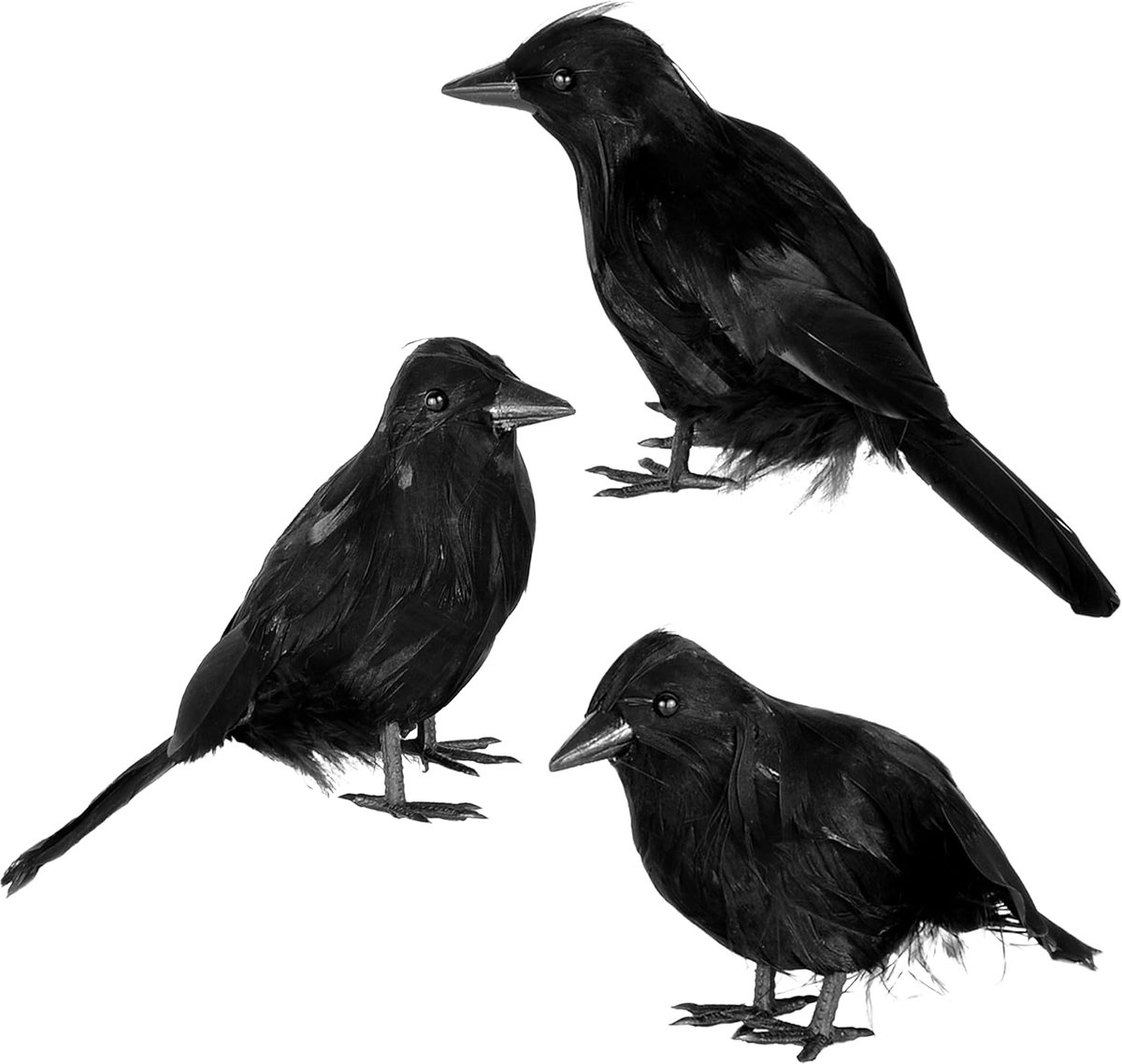 Halloween kraai raaf 3 stuks veren vogel, zwarte rekwisiet nepvogels kraaien, Halloween decoraties voor spookhuis kerkhof begraafplaats tuin tafel feestgeschenken