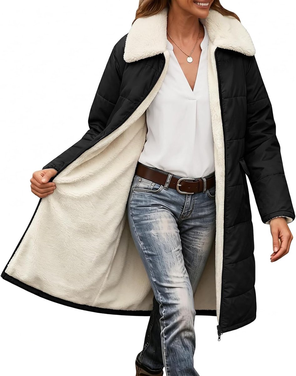 Heekpek Winterjas voor dames, lange winterjas, fleece gevoerd, winterjas, parka, lange gewatteerde jas, puffer damesjassen, warme herfst donsjas met zakken