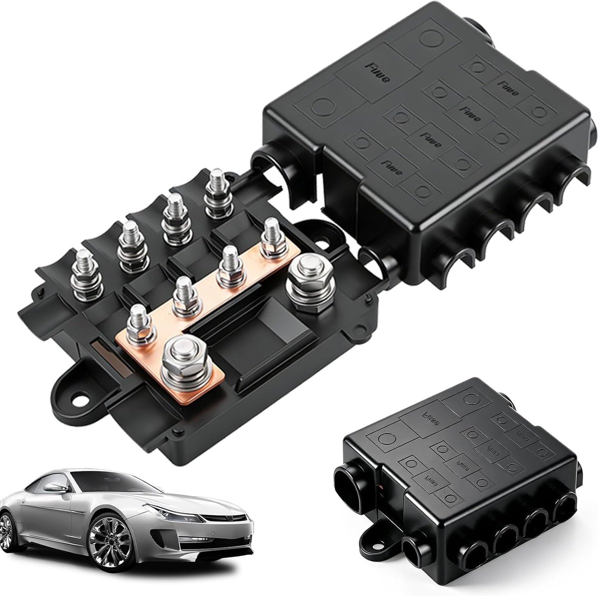 Zekeringhouder voor 1 x Mega + 4 x MIDI-zekeringen, zekeringsblok, stroomverdeler met afdekking, stroomverdelingszekering, polyamide behuizing voor auto, boot, SUV, vrachtwagen