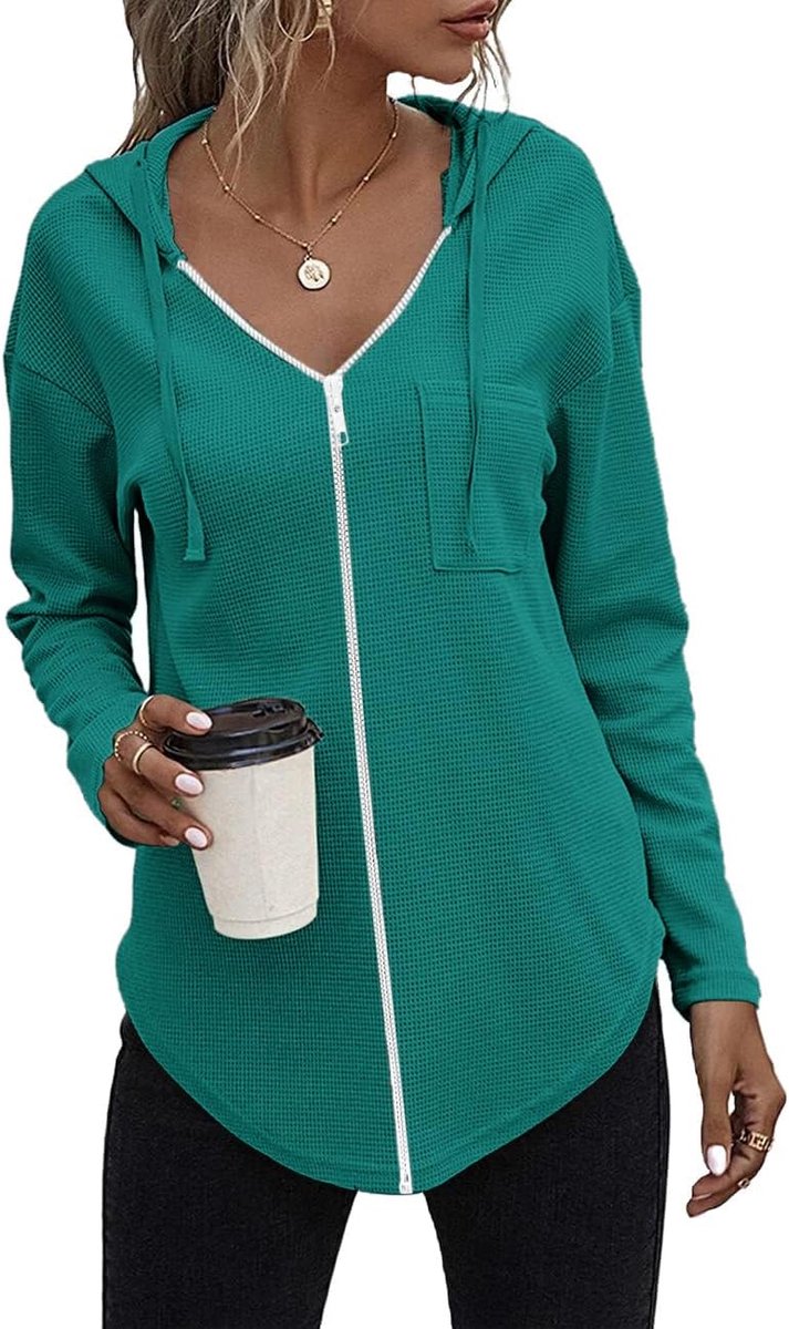 Hoodie dames lange mouwen V-hals met ritssluiting sweatshirt dames met zak losse hoodie effen