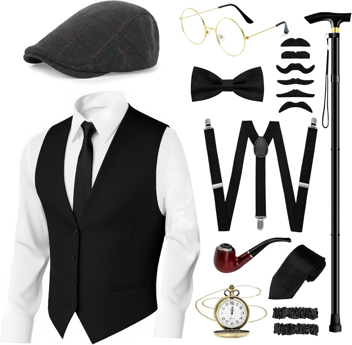 20 herenaccessoires, jaren '20 Gatsby gangsterkostuum, maffia-carnavalskostuum voor heren, jaren 20 kledingaccessoires met vest, baret, stropdas, vlinderdas, baard, armband