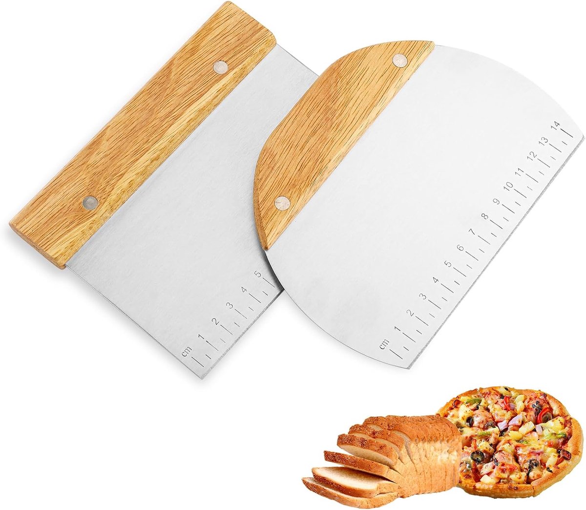 Edelstaal, 2 stuks Pizzateig Spachtel, Keukenstukken met houtgriff Ideaal voor het snijden van deeg, pizza, brood, koeken, groenten