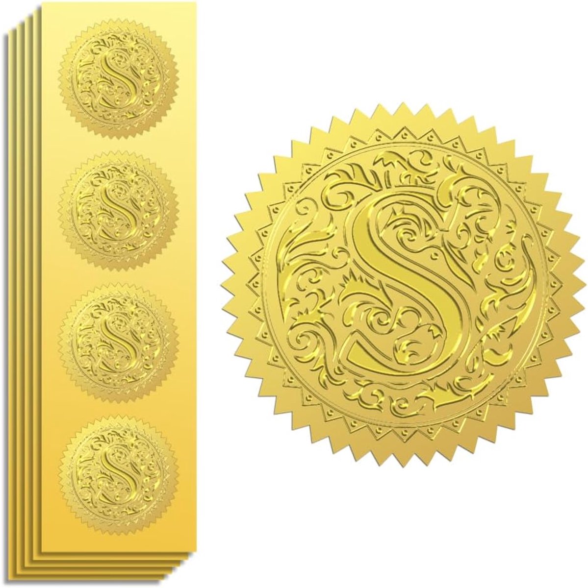 Goudfolie Stickers Seals Reliëf Letter S 5 cm 100 stuks, Zelfklevende Goud Rond Embossing Stickers voor Envelope Seals, Gift Decor, Certificaat Papier, Verjaardagsfeest Uitnodiging