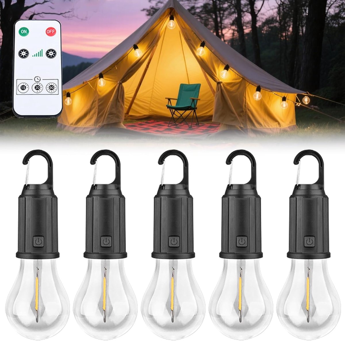 Oplaadbaar: 5 stuks LED campinglamp, camping lights oplaadbare tentlamp, camping lantaarn met karabijnhaak, camping licht tentlamp gloeilamp set camping lampen helderheid instelbaar