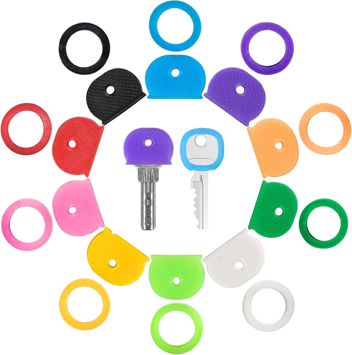 Set van 20 sleutelkleurdoppen voor labels, zachte rubberen sleutelidentificatoren, plastic sleutelhangers voor standaard platte huissleutel (niet geschikt voor oneven gevormde sleutels), 10 kleuren, 2