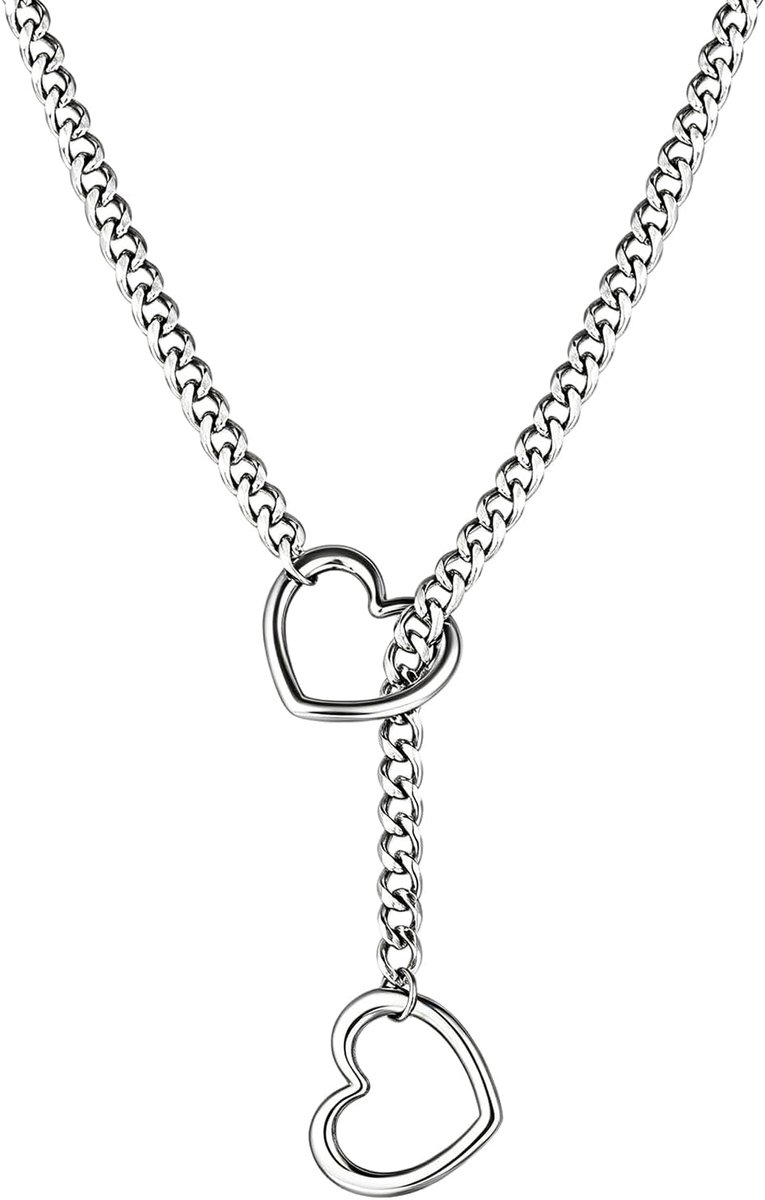 Choker met schuifhart voor dames en heren, Cubaanse O-ring, punk, gothic, verstelbaar, roestvrij staal, 65 cm, zilver