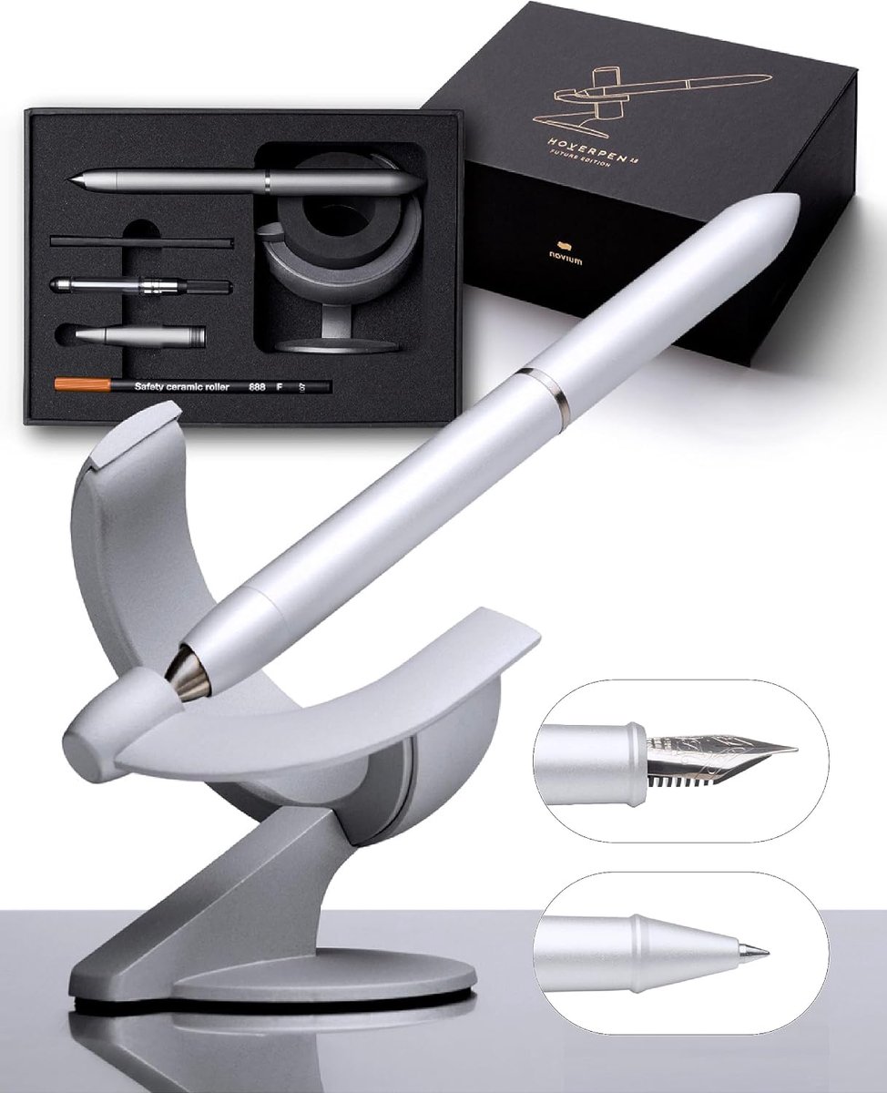 novium Hoverpen Future - Zwevende vulpen en rollerball, Frost Silver | 2-in-1 pen, magnetische levitatie, Schmidt inktvullingen, kosmisch design, bureauaccessoire, luxe cadeau-idee