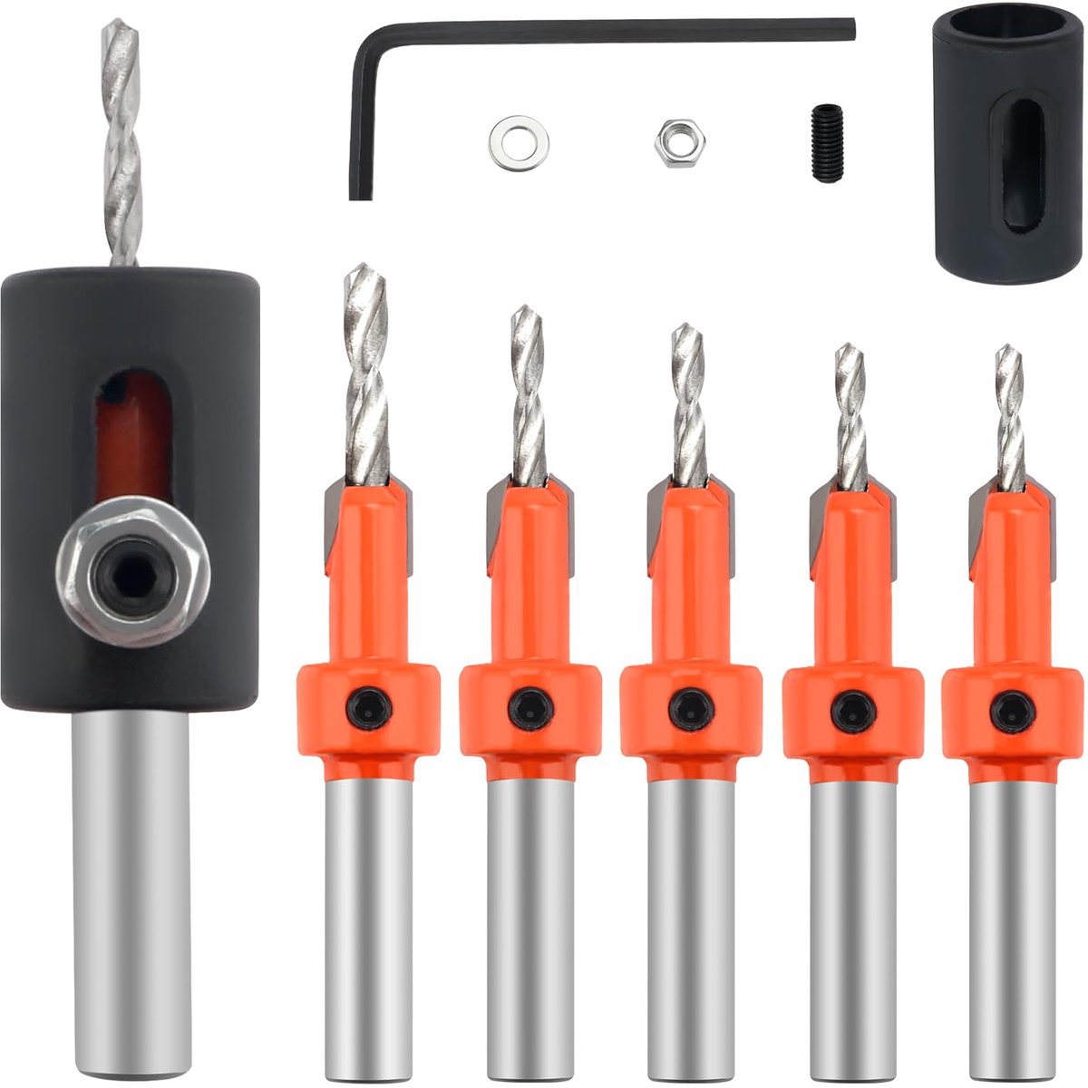 5 Stuks 10mm HSS Verzinkboorset, Houtbewerking Afschuiningsteller, Tapse Boor voor Houtboringen, met Moersleutel en Diepteaanslagringen