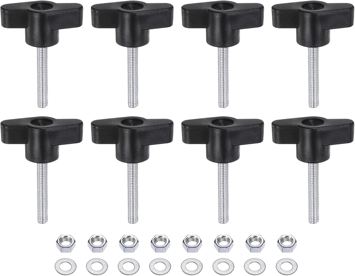 8 stuks vleugelknoppen Tee M5 x 30 mm metrische schroefdraad Z/T kop 36 mm kunststof handgrepen handschroeven schroefdraad klemgreep met sluitringsmoeren, zwart