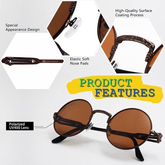 Zonnebril - Steampunk Stijl Ronde Gepolariseerde Zonnebril Retro Brillen UV400 Bescherming Metalen Frame — afbeelding 3