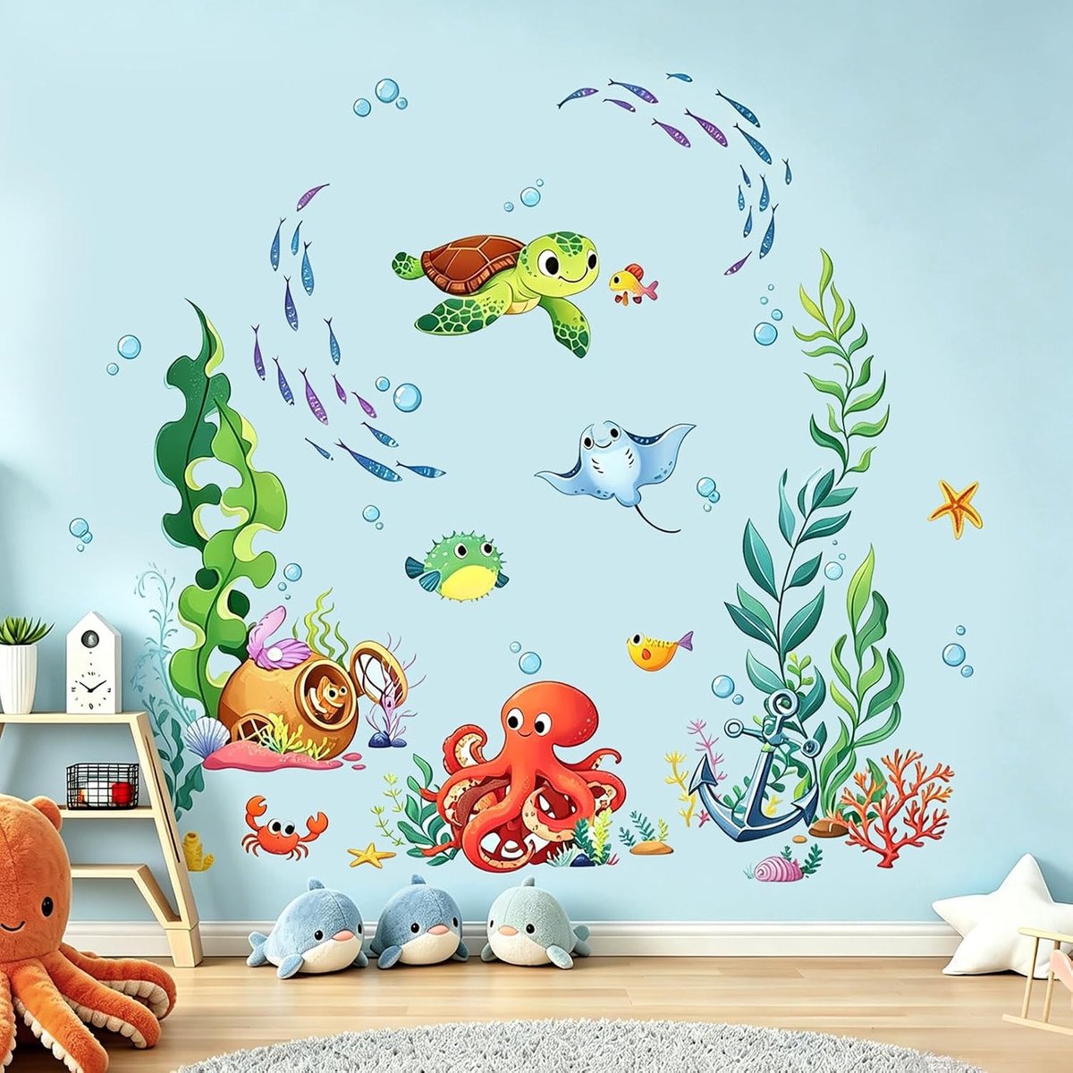 Muurstickers, muurdecoratie onder de zee, oceaan dieren muurstickers voor kinderkamer waterdichte zelfklevende muurstickers voor slaapkamer, badkamer, woonkamer