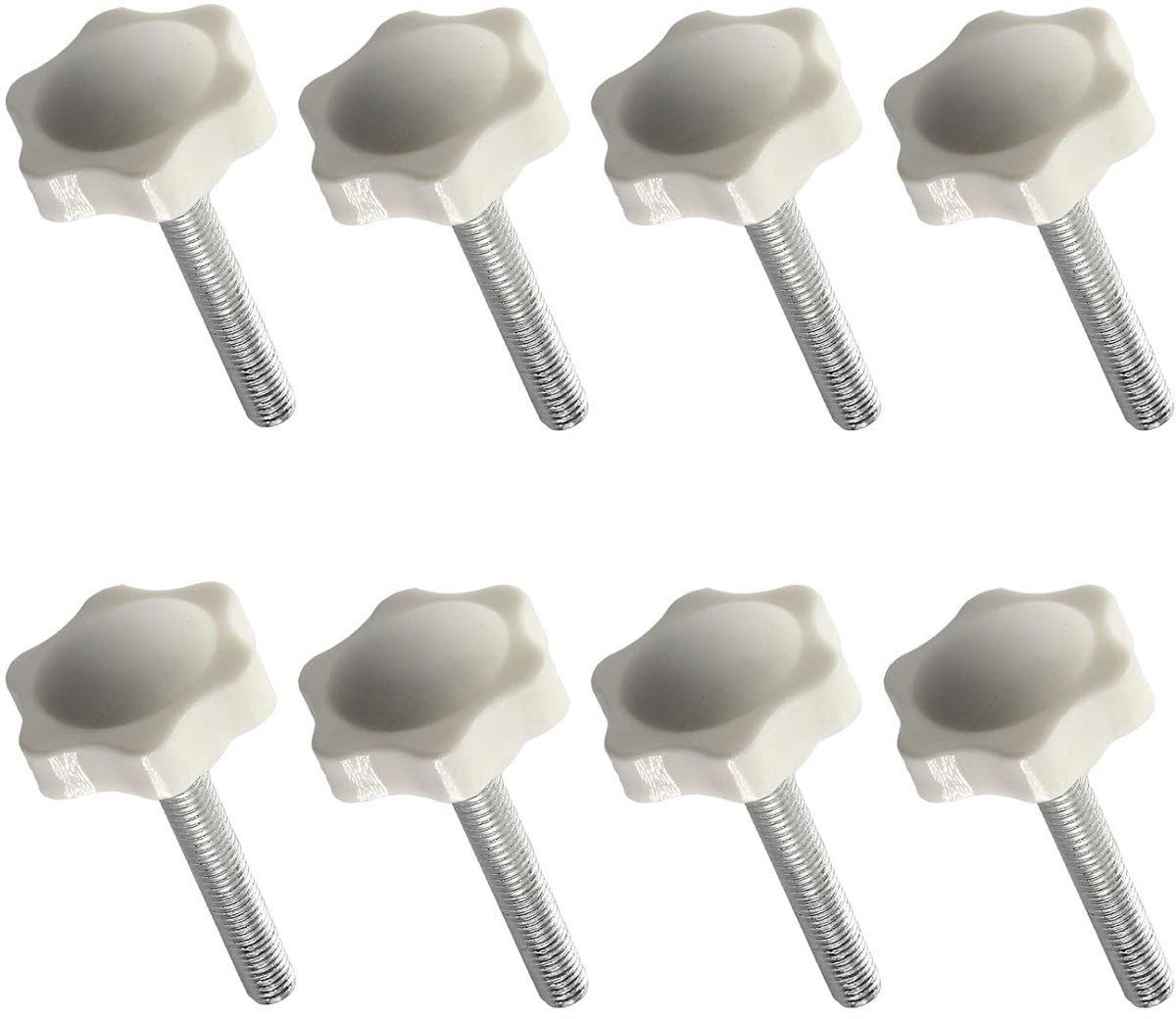 8 stuks stervormige klemknoppen M8 x 40 - spanschroeven buitendraad - 32 mm - witte kunststof kopgreep