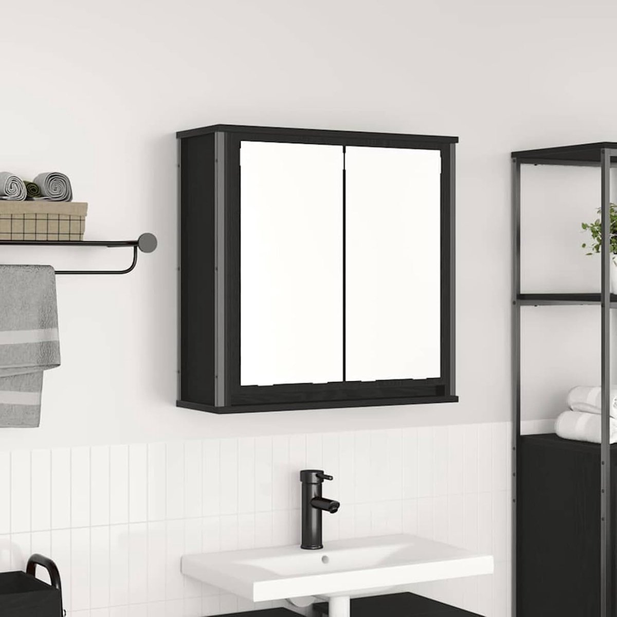 Badkamerkast met spiegel, 60 x 21 x 60 cm, zwart, eikenlook, houtmateriaal/staal, 2 spiegels, ruimtebesparend monteerbaar, voor kleine badkamers