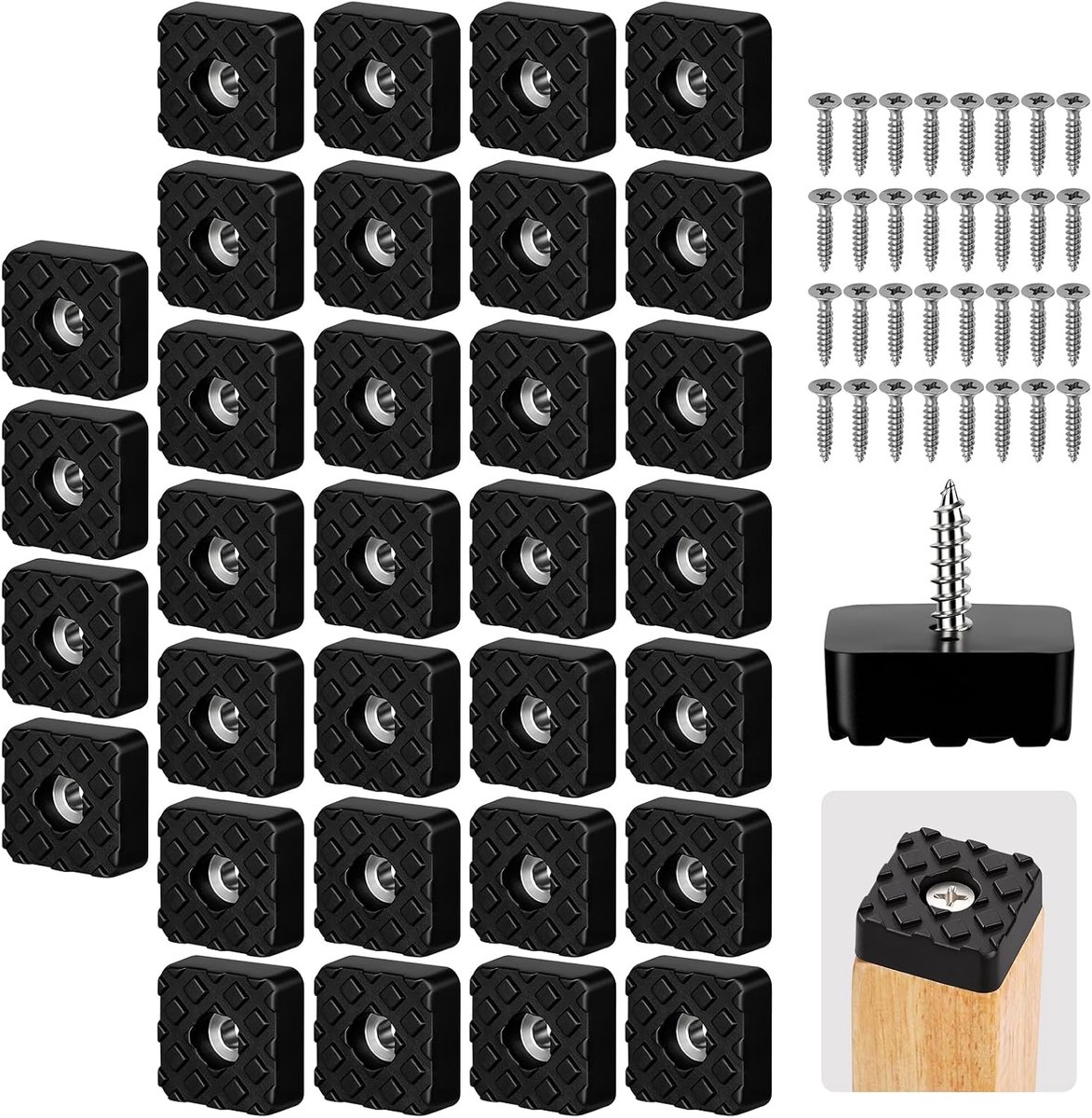 32 stuks schroefbare rubberen voeten, 22 x 22 mm antislip meubelpoten | Vierkante rubberen voetjes met schroef voor tafelstoel bankpoten, tuinmeubelen tuinmeubilair pads vloerbeschermers