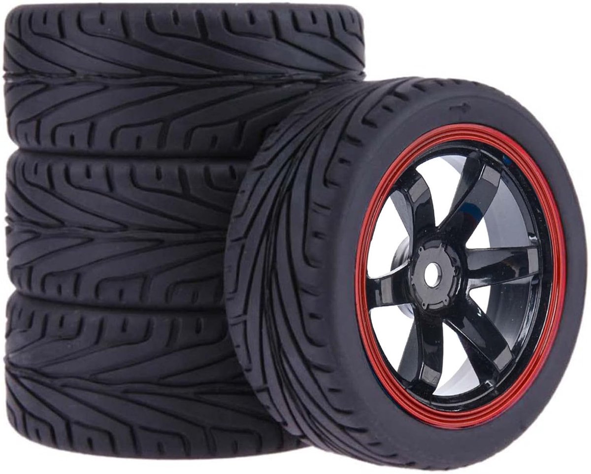 4 stuks 1:10 RC-banden en kunststof velgen voor 1/10 HSP HPI Tamiya RC op straat, touring, racing, drift auto (zwart en rood)