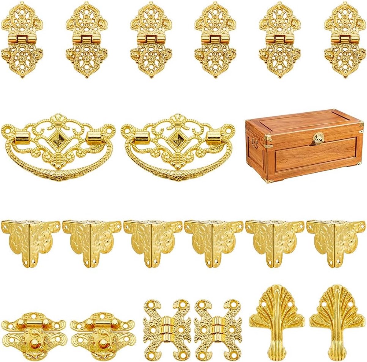 6 sets 20 stuks gouden sieradendoos met antiek slot, grendel, scharnieren, handvat, ijzeren doos hoekbeschermerset legering hasp vergrendeling met scharnier voor houten sieradendoosje en kleine