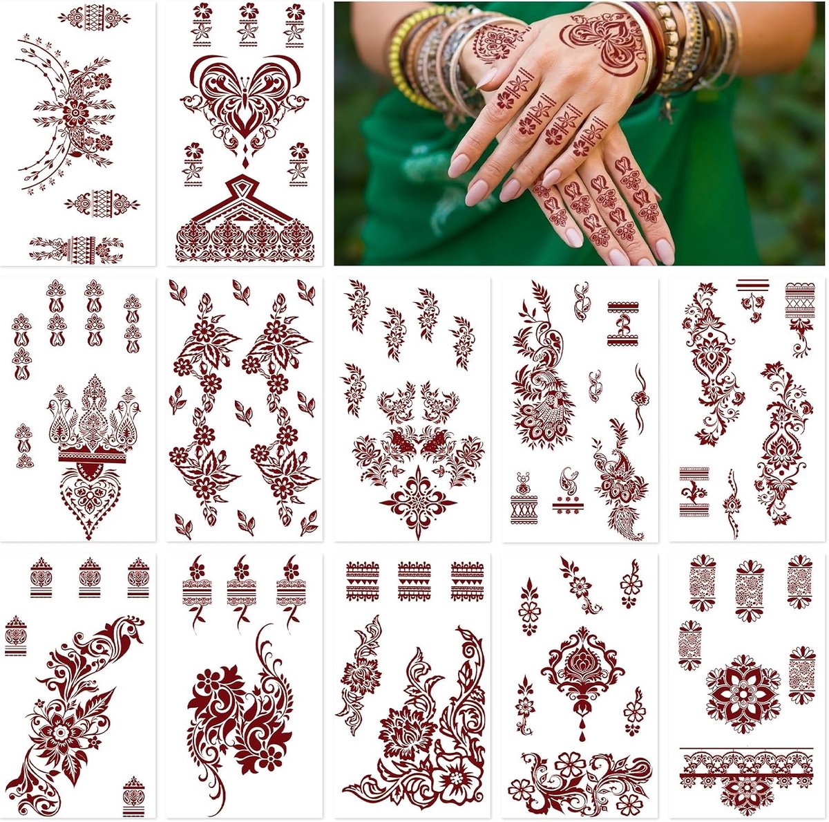 12 stuks bruine tattoo-stickers, waterbestendige tijdelijke mehndi-tatoeages voor dames en meisjes, realistische tattoo-stickers voor handen, armen en lichaam, ideaal voor bruiloften en feesten