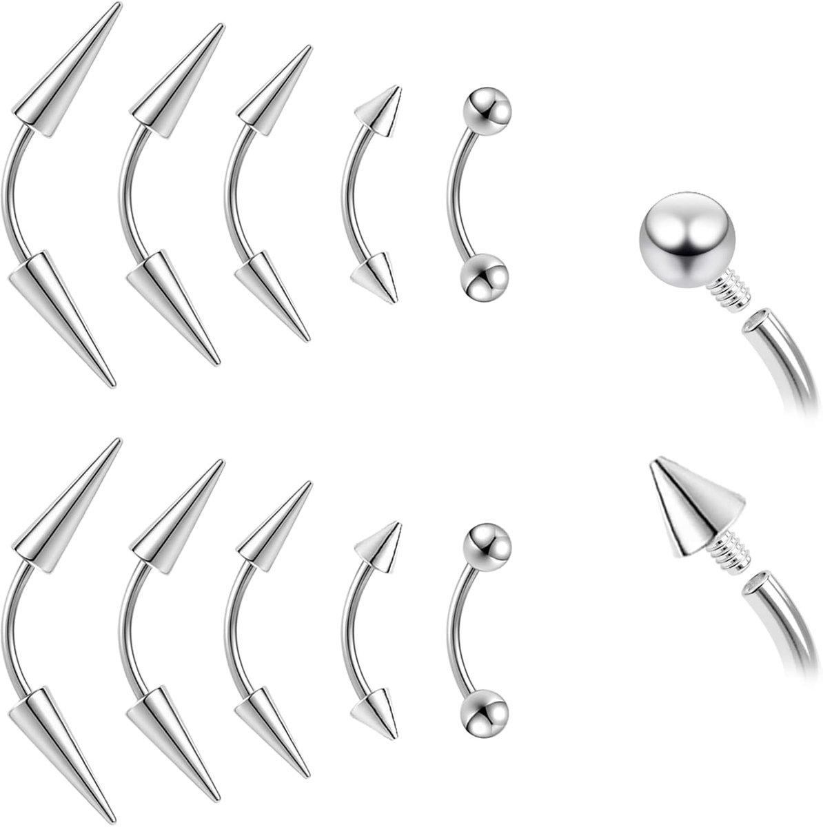 10 Stks 16G/18G Spike Wenkbrauw Piercing Sieraden, Interne Draad Gebogen Barbell Verticale Labret Lip Ringen, Spike Tragus Helix Oorbellen Rook Neus Brug Ringen