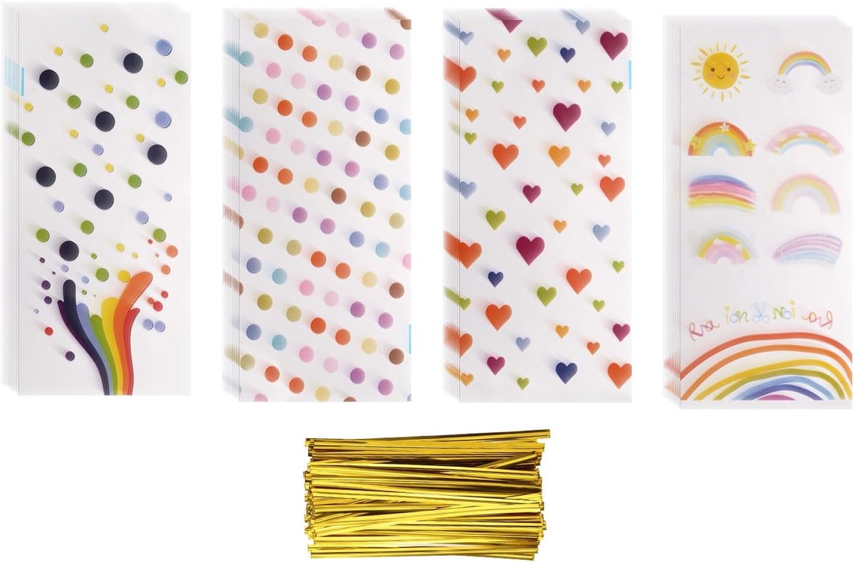 100 stuks snoepzakjes, 25,7 x 12,7 cm, cellofaan snoepzakjes, transparant, plastic cadeauzakjes met koorden voor koekjes en snacks, meerkleurig
