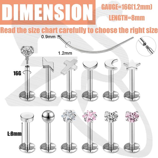 12Pcs 16G/18G Rvs Lip Piercing Sieraden Interne Draad Labret Studs Tragus Helix Conch Kraakbeen Oorbellen Stud Earring Voor Vrouwen Mannen — afbeelding 5