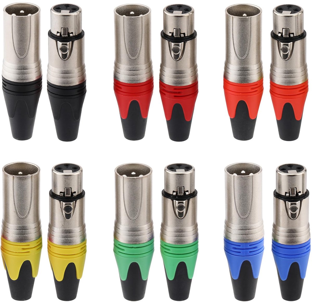 6 paren XLR-connectoren, gekleurde 3-pins XLR-uiteinden, mannelijke/vrouwelijke audiomicrofoon DMX-stekkeraansluiting, vernikkelde koperen contacten, soldeertype