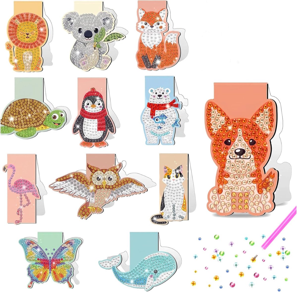 Cadeaus voor meisjes: magnetische bladwijzer, 5D-diamantschilderij met dierenpatroon, creatief knutselen voor verjaardag en Kerstmis