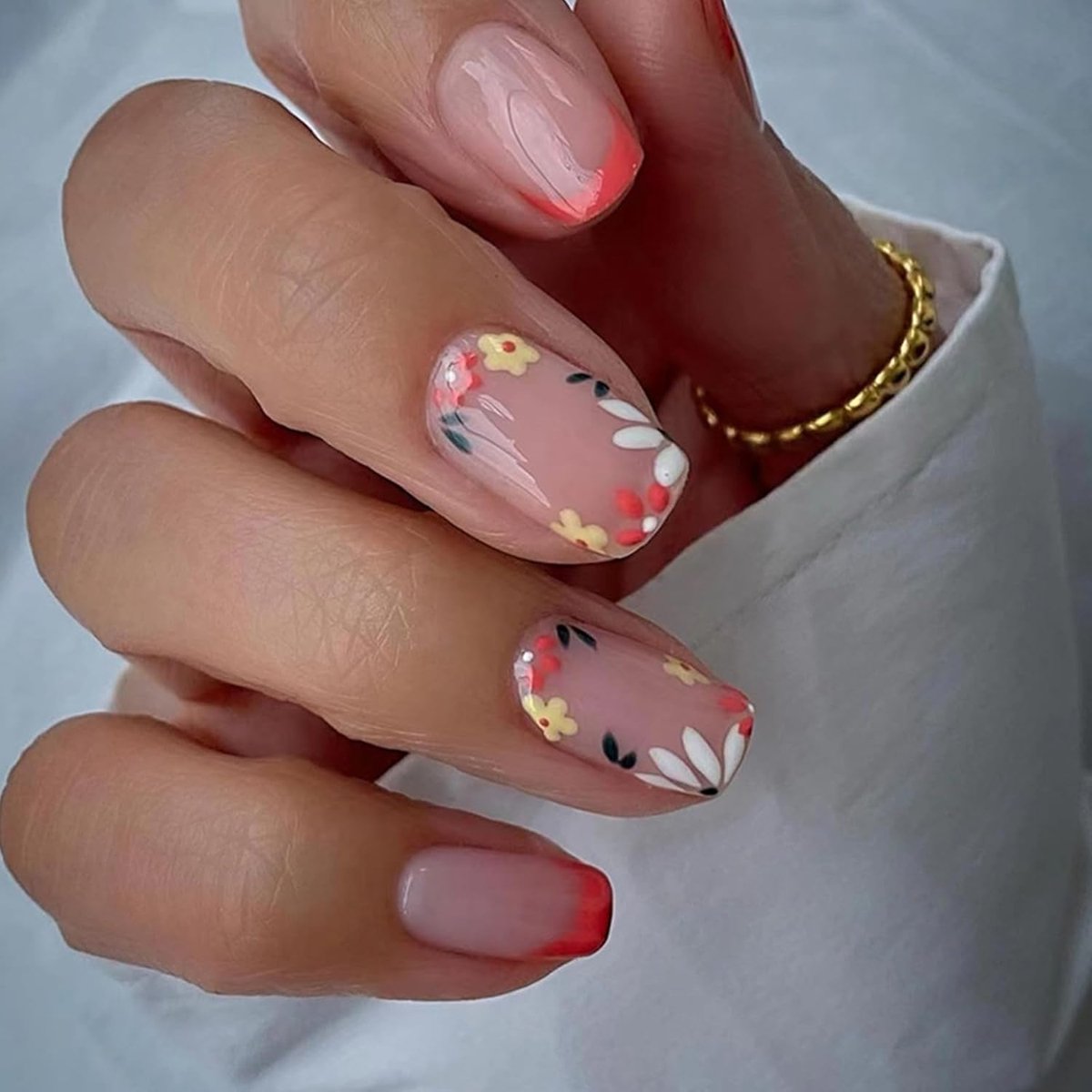 24 stuks bloemen press-on nagels, vierkant, kort, French Colorful kunstnagels, ballerina, valse nagels met designs, acrylnagels om op te plakken, voor vrouwen en meisjes